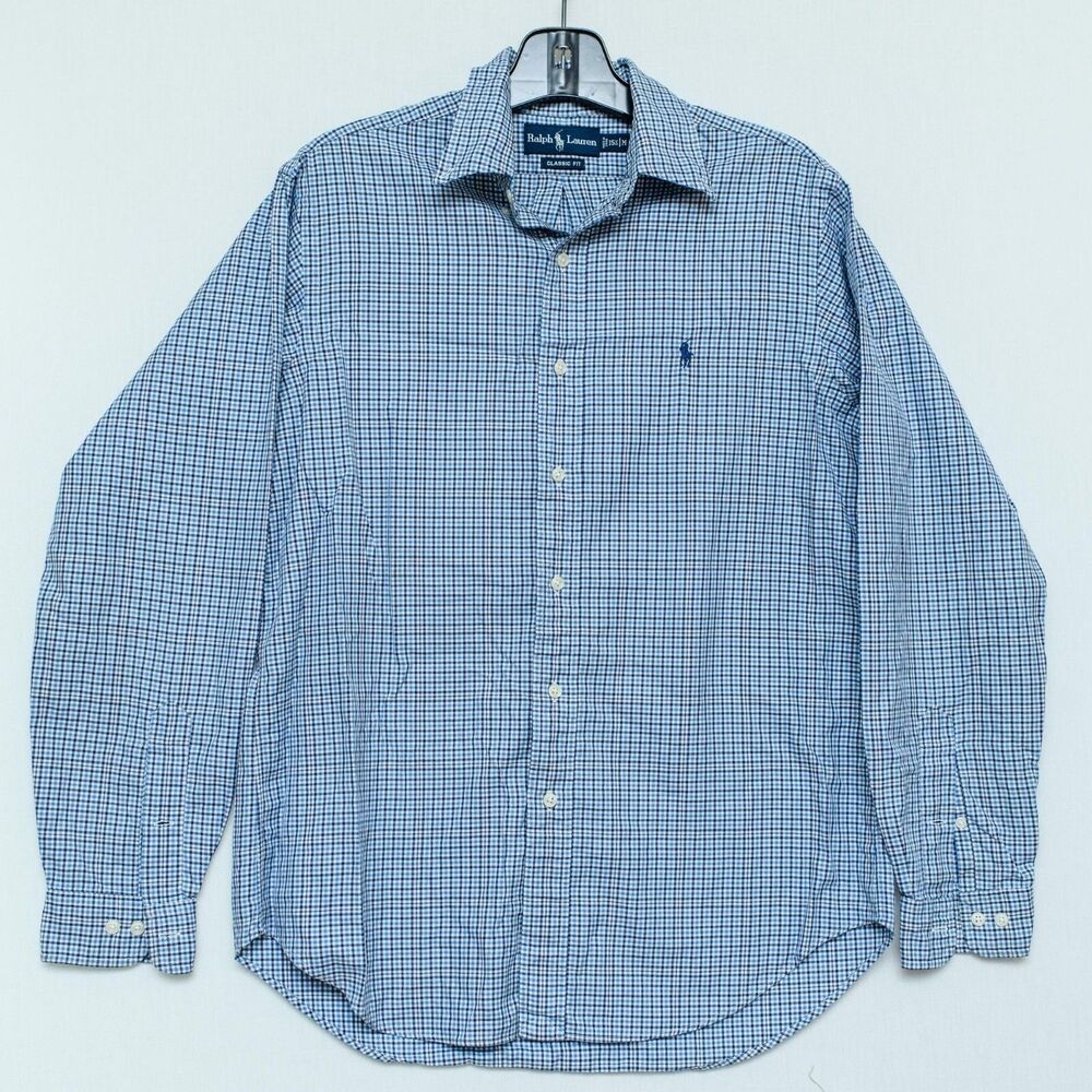 Ralph Lauren Classic Fit Dress Shirt Blue Plaid 100% Cotton Size 15.5/M